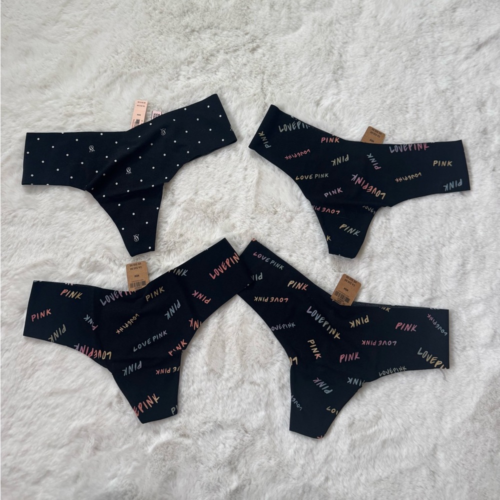 PINK Victoria's Secret Black Seamless Thongs with Multicolor Logos & Dot Print